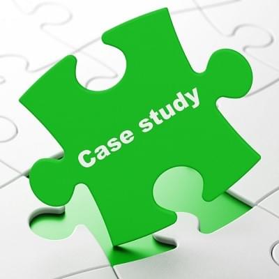 Education concept: Case Study on Green puzzle pieces background, 3d render