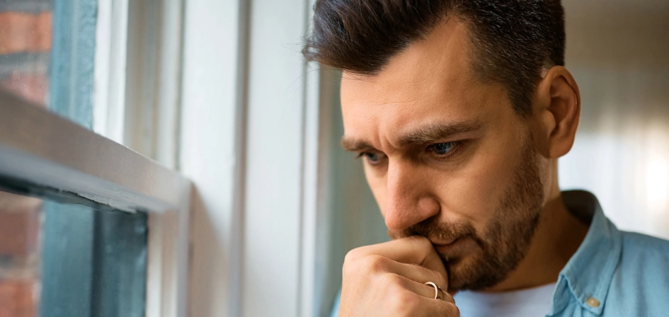 How Do I Help A Drug Addict. An image of a man looking concerned next to a window.