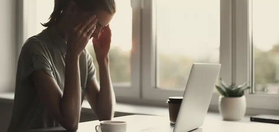 Can I be fired for having an addiction. An image of a woman working form a laptop looking stressed.