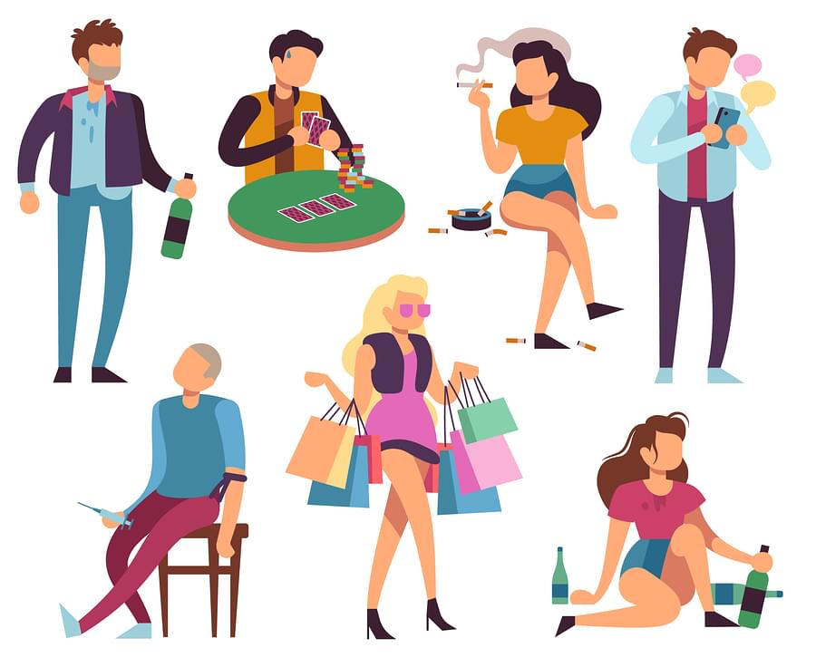 What Is Behavioural Addiction? An illustration of Addicted people, depicting bad habits such as alcoholism, drug addiction, smoking, gambling, smartphone and shopping addictions.