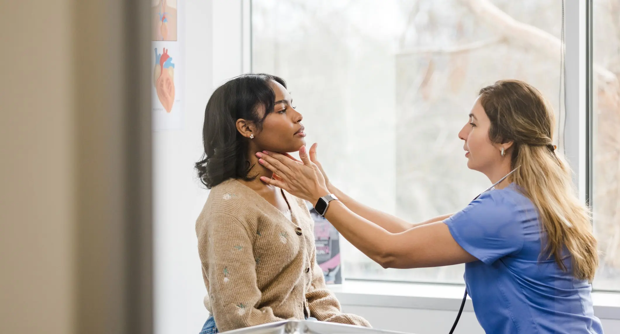 Doctor checking patient with swollen lymph nodes after drinking