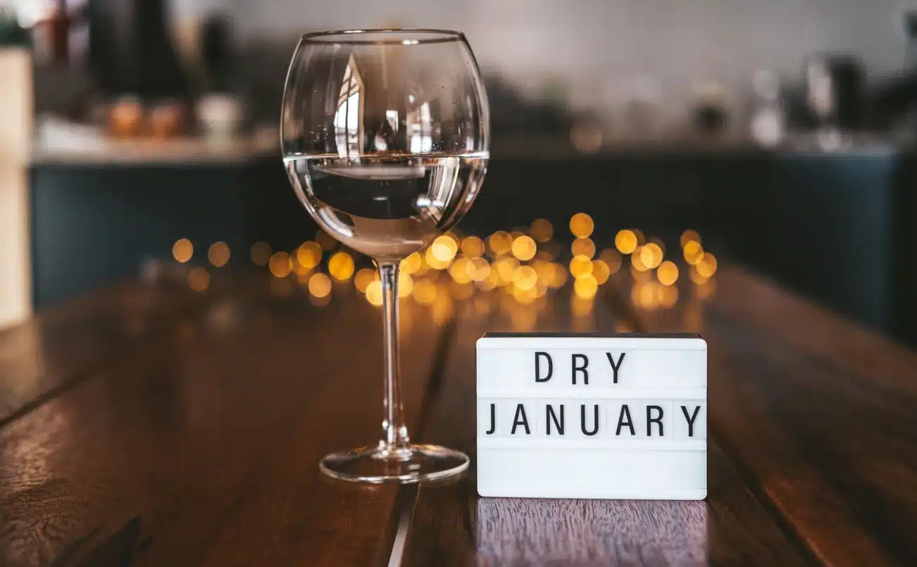 Dry January 2024. An image of a glass with a sign next to it saying 