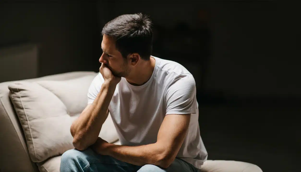 why do i keep relapsing? An image of a man sitting on a sofa with a black background, looking serious