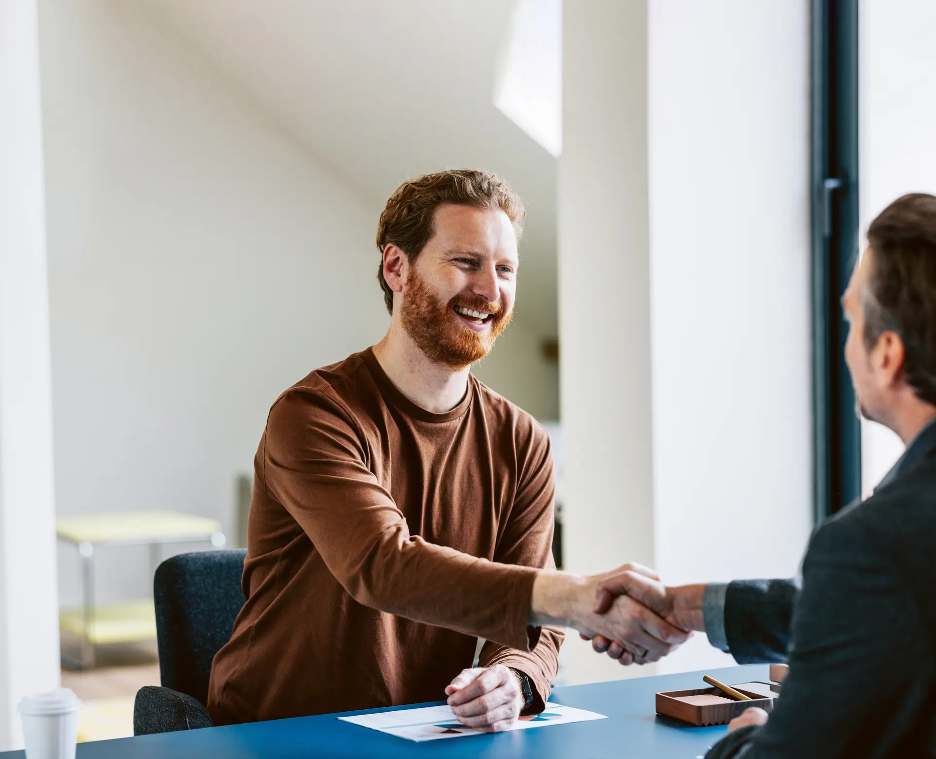 life after addiction. A man in recovery in a job interview.