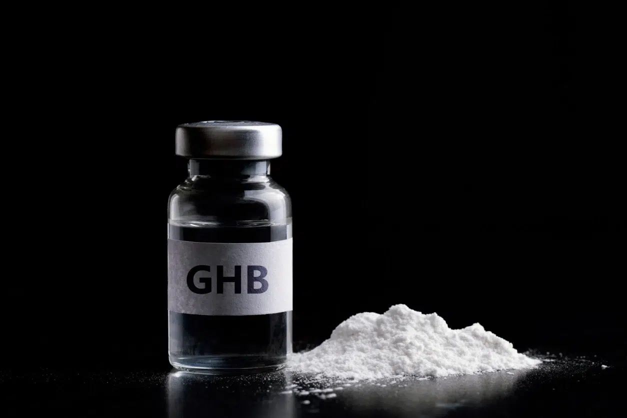 Image of GHB in a bottle and in white powder form.